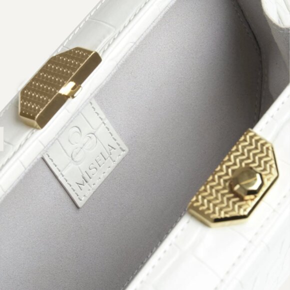 37. MISELA Alexa At Belgravia Leather Crocodile Embossed Box Clutch Bag $1050 - Picture 3 of 4